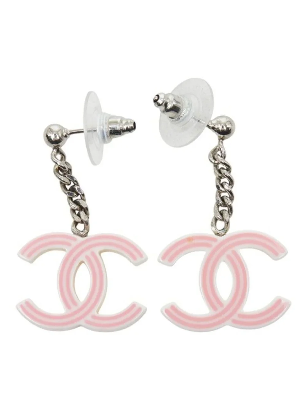 Chanel CC Logo Earrings Pink Ivory Silver Plastic Metal
